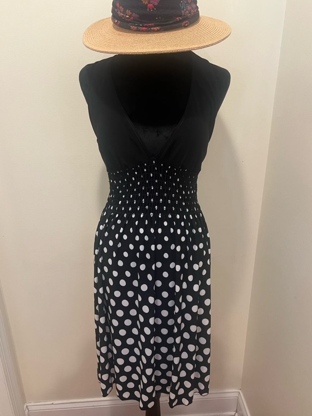 Black White Polka Dot Halter Dress Smocked Waist Fit Flare Pinup Small - Picture 2 of 9